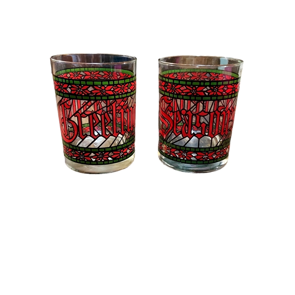 Vintage Seasons Greetings Drinkware Drinking Glass Glasses Holiday Decor Kitchen